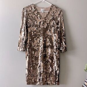 Donna Morgan Gold Sequin Party Dress Size 2 XS V-Neck Cocktail Retail $188